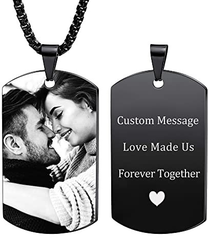 PHOCKSIN Personalised Memorial Black Tag Necklace Custom B&W Picture Simbols & Texts Engraving Stainless Steel Photo Pendant Necklace Jewelry for Boyfriend/Brother