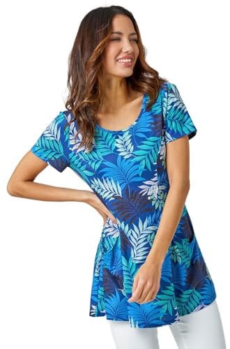 Roman Originals Swing Top with Pockets for Women UK Ladies Hanky Hem Asymmetric Tunic Blouse Longline Long Stretch Jersey Casual Round NeckTee Shirt T-Shirt - Blue Green White - Size 12