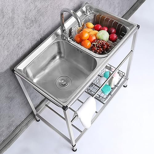 Evier Inox Professionnel,Plonge Inox,Meuble Evier Cuisine 2 Bacs,Commerciale Lavabo avec Egouttoir,Evier de Camping avec Robinet,Evier Exterieur de Jardin,pour Garages Entrepôts ( Size : 77x42x75cm(LX