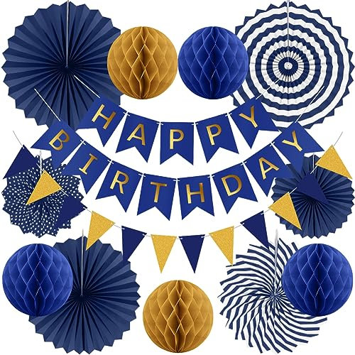 Navy Reusable Birthday Decorations Kit Mens Birthday Party Decorations Navy Blue Gold Banner Bunting Honeycomb Paper Lanterns Paper Fans