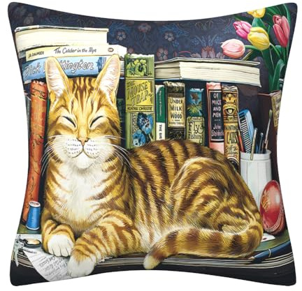 DILOXNSU Cat Cushion Covers 45 x 45 cm Napping Cats Books Flowers Velvet Square Double Sided Decorative Pillows Cover for Sofa Bed Home Garden Office Cushions Covers 18 x 18 inch