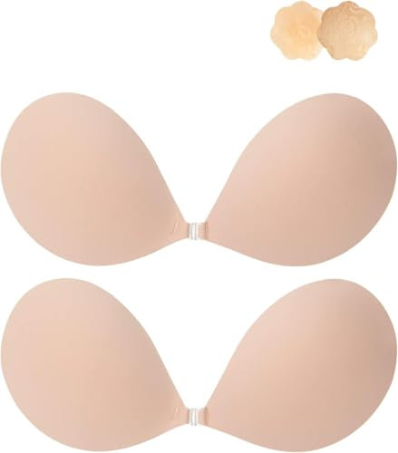 Awant Strapless Sticky Bra Invisible Sticky Boobs Silicone Adhesive Bra Backless Pushup Lift Bra Beige, Beige+beige, D