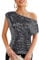 GRACE KARIN Damen Kurzarm Schrägerkragen Pailletten Tops Elegant Glitzer T-Schirt für Party Schwarz-Silber XL