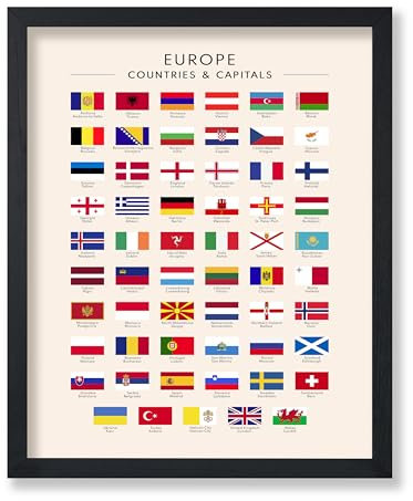 Poster Master Poster Flags of Europe – Druck der europäischen Länder und Hauptstädte – Lernmaterialkunst – Geschenk für Schüler und Lehrer – Wanddekoration für Schule, Klassenzimmer oder Bibliothek