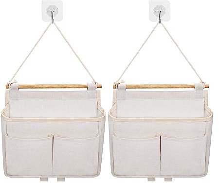 LYCHEON Tasche Portaoggetti da Parete Borsa da Appendere Salvaspazio in Tessuto di Lino e Cotone Impermeabile per Camera Cucina Bagno Dormitorio 2PCS (Beige)