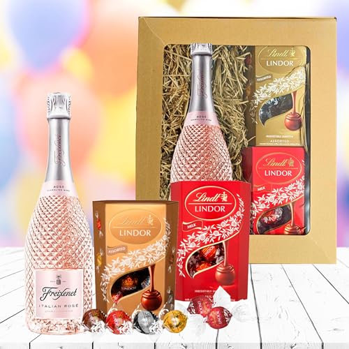 Prosecco & Chocolate Hamper Gifts for Couples - Assorted Truffles 200g, Milk Chocolate Truffles 200g & Freixenet Rose Sparkling Wine 75cl Christmas Gifts for Couples or Mum Gifts for Birthday