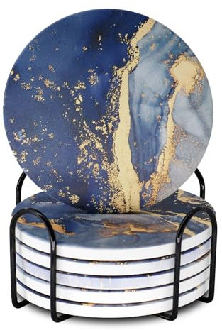 Memeyou Navy Blue Marble Ceramic Coasters With Holder Absorbent Drink Gold Coaster Set Outdoor Round Cute Table Coffee Cup Fun Wine Beer Bar Cork Coasters 6 Pack