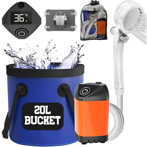 Elil Portable Camping Shower Pump with 20L Foldable Bucket – USB Rechargeable Outdoor Shower for Camping, Hiking, Travel, Dog Washing & Emergency Use – Compact & Powerful Handheld Shower Kit