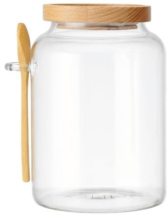KitchenCraft Idilica Glass Storage Jar with Beechwood Lid and Bamboo Spoon, Airtight Glass Canister with Wooden Lid for Kitchen Storage and Organisation, 1200ml