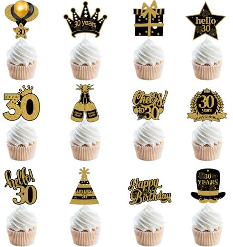 30th Birthday Cake Toppers for Women Men, Hello 30 Black Gold Cupcake Toppers Cheers to 30 Cake Decorations Food Picks Happy 30th Birthday Cake Toppers 30th Birthday Party Supplies (Pack of 12)