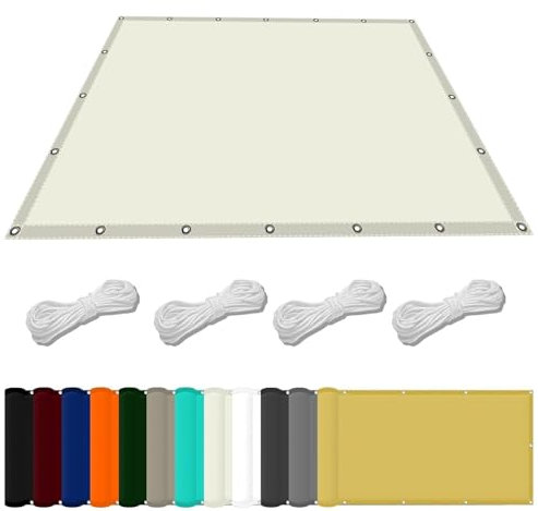 Markisenstoffe Meterware 2 x 2.2 m Wasserdicht Balkon Sichtschutz Reißfest UV-Schutz nach Mass Polyestergewebe Mit Seil Schattenspender für Gewächshaus/Hinterhof, Elfenbein