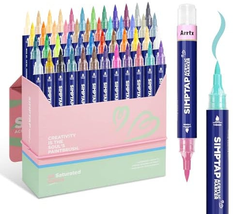 Arrtx Acrylstifte für Steine Bemalen, 48 Farben Simptap Top Valve Action Acrylmarker, Pinselspitze Acrylfarbstiften, wasserbasierte Farbmarkierungen für Steine, Glas, Holz, Metall,Ostereier