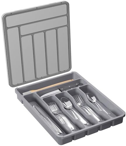Lifewit Range Couverts pour Tiroir avec Couvercle, Boîte de Rangement Couverts de Cuisine, Organisateur de Couverts en Plastique, pour Cuillères Fourchettes, Couteaux, 7 Compartiments, Gris