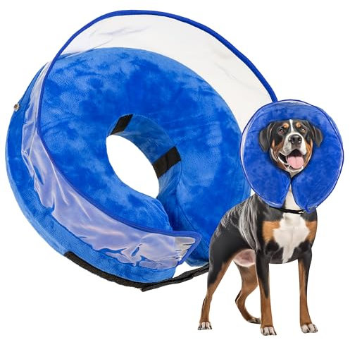 A Cuccia di B - Collare Elisabettiano Cane Morbido - Cono Protettivo Gonfiabile Blu per Cani - Taglie M e L - Per Cani di taglia Media e Grandi (Blu, L)