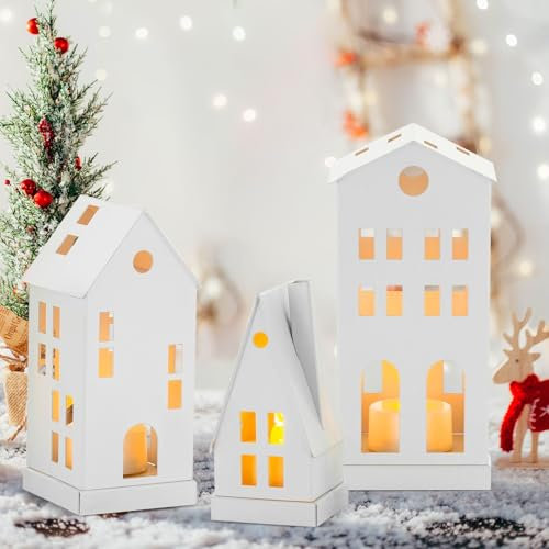 Mini Lichthaus Metall Kerzenhalter für Weihnachtsdeko, Led Haus Weihnachten Weiß, Laterne Teelichthaus Häuser Deko für Room Wohnzimmer Kamin Fensterdeko Geschenke, 3er Set
