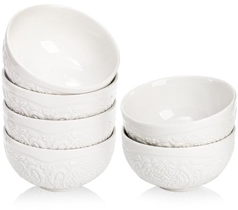 SOUJOY Set of 6 Ice Cream Bowls, Porcelain 12 oz Small Cereal Bowls, 4.5 Inch Embossment Dessert Bowl for Side Dishes, Ice Cream, Rice, Soup, Snack, Fruits, Yogurt, Portion Control, White
