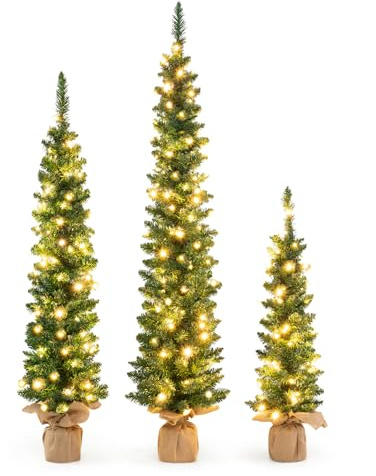 COSTWAY Artificial Christmas Tree Set of 3, Pencil Xmas Tree with PVC Branch Tips and Warm White LED Lights, Pre-Lit Slim Xmas Decoration Tree (3FT+4FT+5FT, with Burlap Base)