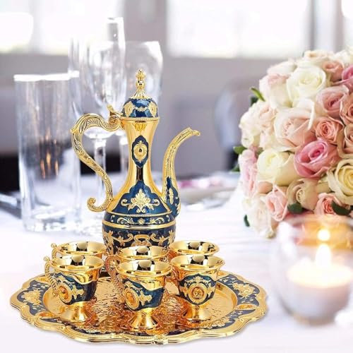 Ensemble de théière vintage avec 6 tasses à café et plateau à thé - Ensemble de théière de luxe - Cadeau de mariage - Bleu