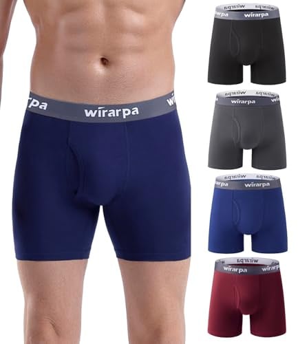 wirarpa Men's Underwear Trunks Cotton Boxers 4 Pack | Open Fly Boxer Shorts, Tagless Underpants for Men, Regular Leg Boxer Briefs