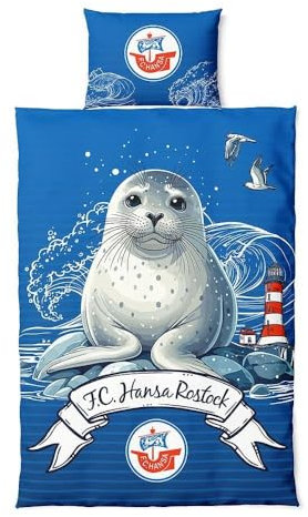 F.C. Hansa Rostock Kinderbettwäsche Robby - Robbe am Ostseestrand - Baumwolle - Blau - Einzelbett (90x200 cm) - 1x Kissenbezug, 1x Deckenbezug