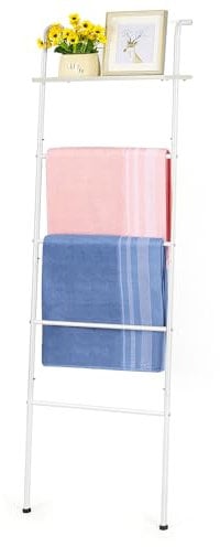 Handtuchhalter Stehend aus Weiß Metall, Handtuchleiter für Dekoratives,Kleiderleiter mit 5 Haken, Handtuchhalter Holz Badezimmer, Wohnzimmer, Küche, Halter für Handtücher, Decken