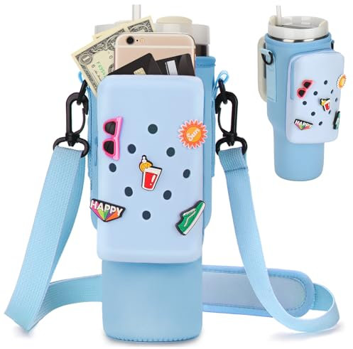 Magibag Water Bottle Carrier Bag with Silicone Phone Pocket & 5 Charms for Stanley Cup 40 oz, Neoprene Water Bottle Holder Tumbler Pouch with Adjustable Strap (Blue)