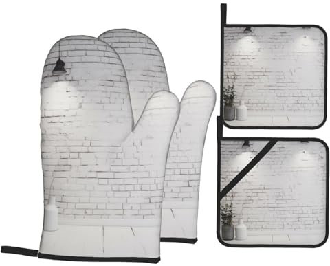 Ofenhandschuhe und Topflappen mit weißem Ziegelstein-Wanddruck, hitzebeständig, rutschfest, wasserdicht, Kochhandschuhe zum Backen, Kochen, Grillen, 4 Stück