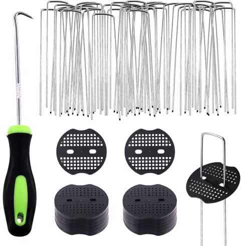 Swpeet Lot de 101 piquets de jardin en forme de U et joints de fixation en plastique avec crochet de crochet, agrafes pour tuyaux d'irrigation, clôtures fixes, clous de gazon artificiel