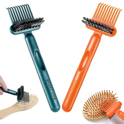 2PCS 2 in 1 Comb Brush, Self Cleaning Hair Brush, Comb Cleaners Easy To Remove Hair And Dust From Combs And Various Corners with Orange and Green Brushes