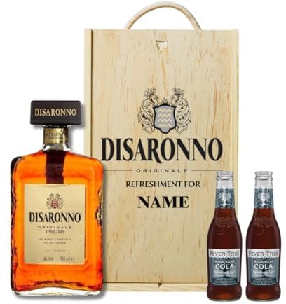 Personalised Disaronno Amaretto Gift Set with Coca-Cola – Alcohol Present for Men or Women – 70cl Bottle (28% ABV) in Engraved Wooden Keepsake Box – Liqueur Gift for Him or Her