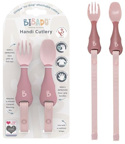 Bibado - Handi Cutlery Set (Mist) - Toddler Cutlery Weaning Set - Baby Spoons & Forks - Use with Coverall Bibs - Detachable Straps - Dishwasher Safe, BPA Free - Baby Essentials - 6 Months to 24 Months