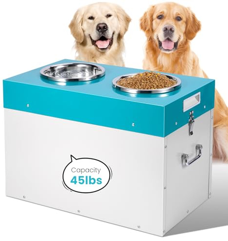 KHEARPSL Elevated Dog Bowls with Storage Large Breed 15 H Raised Dog Bowl, 2 in 1 Pet Food Storage Container & Feeder, Galvanized Steel Pet Feeder Feeding Station, Holds Up to 45lbs (L)
