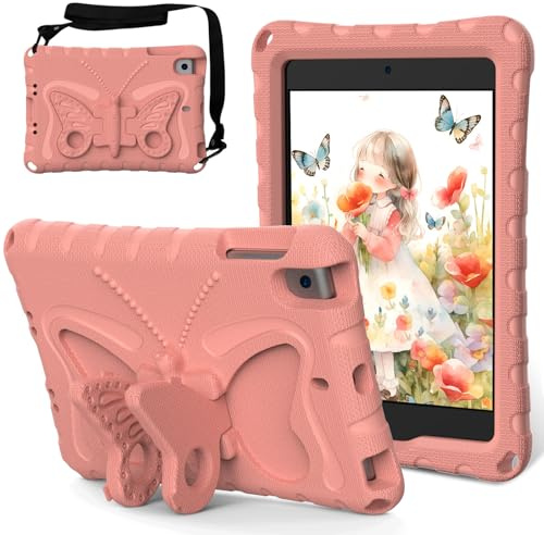Kids Case Compatible with iPad mini 1/2/3/4/5 7.9, Butterfly Design EVA Lightweight Friendly Shockproof Cute Protective Cover, with Stand + Shoulder Strap,Pink