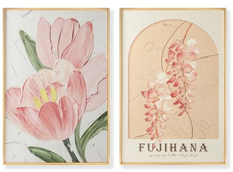 Pduoduo Tableaux encadrés, décor mural avec plantes et fleurs colorées, lot de 2, décoration murale avec fleurs roses pour salon, chambre à coucher, chambre de fille, 23,6 × 15,7 pouces