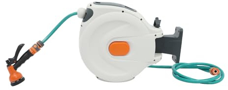 MEELRYD Schlauchtrommel Wasser, Wandmontierte Dehnbarer Gartenschlauch, Utomatische Aufrollung, 20 m, 6 Funktion Sprühpistole, 180°Schwenkbare Schlauchbox für Produktionswerkstätten, Gartenbewässerung