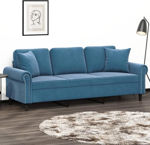 Frdhee Mini Sofa Küchensofa, 3-Sitzer-Sofa mit Zierkissen Blau 180 cm Samt für Wohnzimmer Schlafzimmer Büro Wohnung