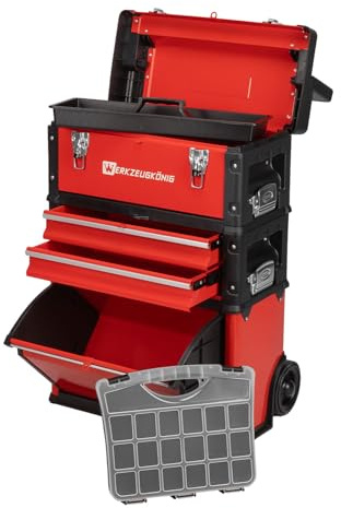 Werkzeugkönig Werkzeugtrolley 3 Teile Stahlblech Rot pulverbeschichtet | 1 Werkzeugkoffer, 2 schmale Schubladen, 1 großes Klappfach, gratis Kleinteilekoffer