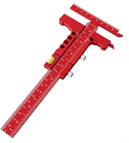 Messlineal, 229 x 90 mm, T-förmiger Anreißstift für Holzbearbeitung, Markierungslehre mit klarer geätzter Skala, leichtgängige Aluminiumlegierung, für Tischler und DIY-Projekte (mit Stimmungrot)