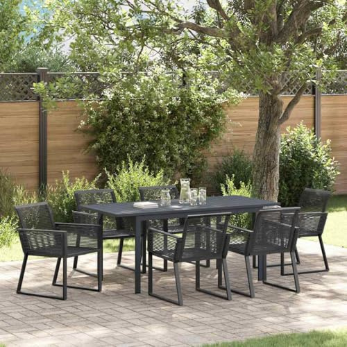 Holamys Garten Essgruppe 7-teilig, Schwarz Stahl Poly-Rattan, ausziehbarer Gartentisch, 6 Stühle, wetterfest, langlebig, für Balkon, Terrasse, Outdoor