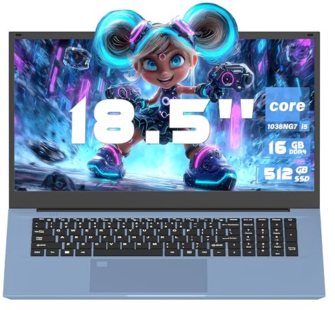 18.5 FHD IPS Laptop, Core i5-1038NG7 up to 3.8 GHz, 16GB RAM, 512GB SSD | Gaming Computer Notebook, Fingerprint unlock, Color Backlit KB, Type-C, WiFi, HDMI, RJ45, 3xUSB 3.1, 6000mAh Battery, Blue