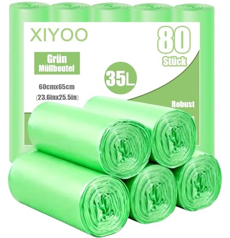 XIYOO Biomüllbeutel Müllbeutel 35L Müllsäcke 80 Stück Grün Abfallbeutel Reißfest Mülltüten,Geeignet für Badezimmer,Küche,Büro