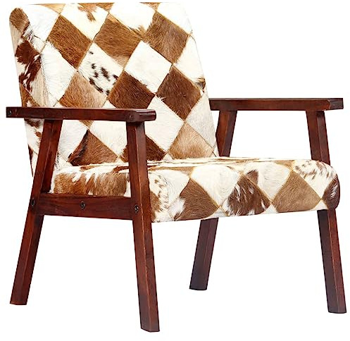 WEMYUFURN Sessel Weiß und Braun Echtes Ziegenleder mit Massivholzgestell, Bequemer Sessel in Kuhfell-Optik für Wohnzimmer, Premium Leder mit Armlehnen und Dicker Polsterung, Luxuriöser