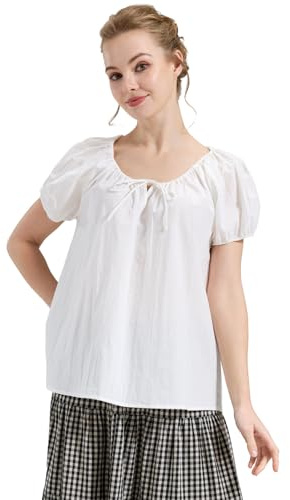 BEAUTELICATE Women's 100% Cotton Victorian Blouse Puff Short Sleeve Renaissance Tops Off Shoulder Summer Cottagecore Shirts Medieval Period Costume Off White Cream