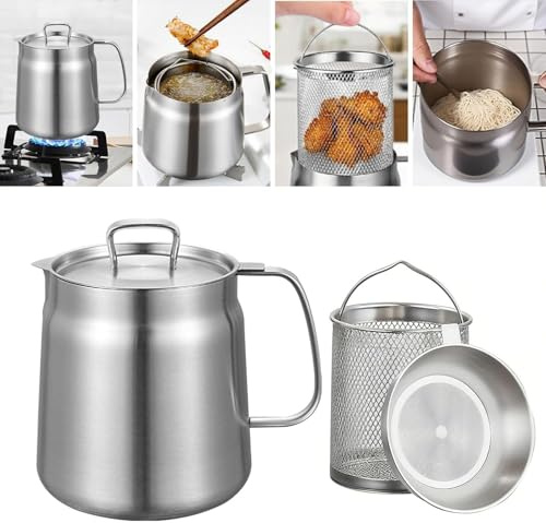 2L 304 Stainless Steel Deep Fat Fryer, Oil Filter Pot with Basket and Lid | Large Capacity Multifunctional Oil Strainer and V Spout for Gas Stovetop Fries, Chicken and Home Cooking