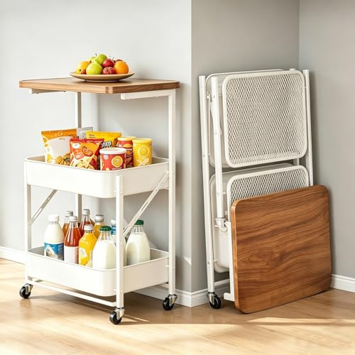 devesanter 3 Ebenen Klappwagen mit Rollen,Servierwagen,Weiß | Mobiler Haushaltswagen mit faltbarem Design und drei Ablagen. Montagefrei, ideal für Küche, Wohnzimmer, Büro und mehr.