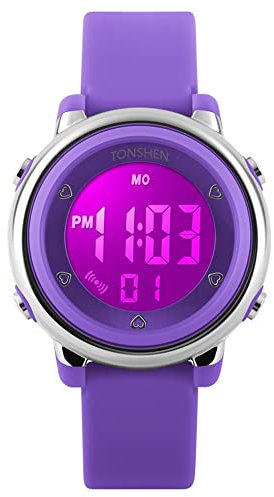 Montre Enfant Fille Garçon Digital Sport 50M Etanche Multifonction Électronique Montres 7 Couleur LED Rétro Eclairage Plastique Bordure et Caoutchouc Bande Alarme pour 6 Ans à 12 Ans Enfants (Violet)