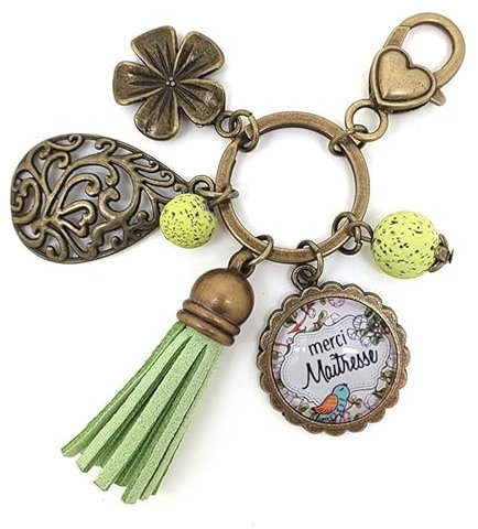 Porte clés bijou de sac Maîtresse - Bronze et cabochon verre illustré Merci Maîtresse - idée cadeau institutrice fin d'année scolaire