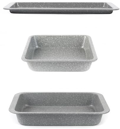 Salter Marblestone 3-Piece Baking Set - Non-Stick Oven Trays, Lightweight Carbon Steel, Easy Wipe Clean, Includes a 36cm Roaster, 37cm Baking Tray, 23cm Square Tray, Oven Safe to 220°C, PFOA Free