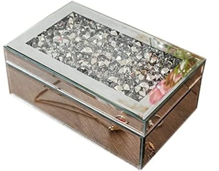 Modern Silver Crushed Diamante Mirrored Glass Crystal Jewellery Box - Black Velvet Women Trinket Drawers Organiser Box - Decorative Makeup Organiser Storage Gift For Birthday, Wedding