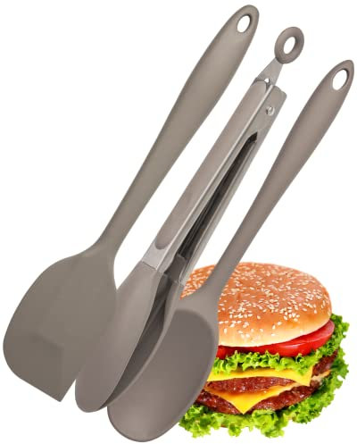 Taylors Eye Witness Grey Silicone Spoon, Spatula and Tongs Set - Dishwasher Safe. Sturdy Build, Non-Scratch Heads. Handy Utensil Kitchen Tool Trio. Odour, Stain & Heat Resistant. 5 Year Guarantee.